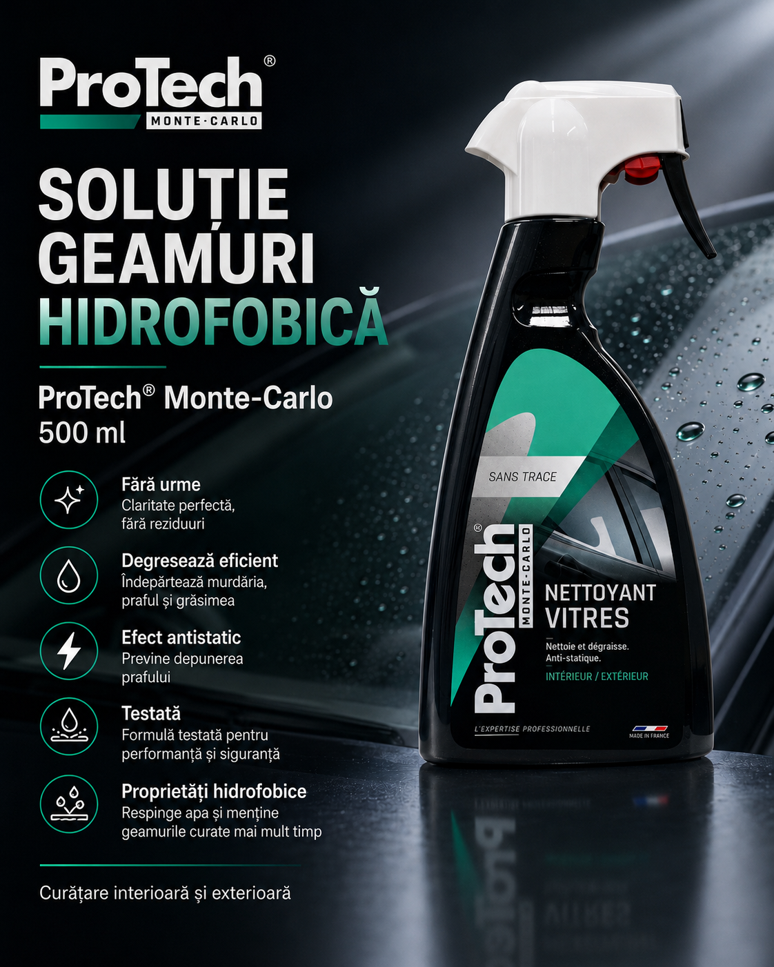 Mod utilizare pentru solutie de curatare  a geamurilor cu prorietati hidrofobice ProTech Monte-Carlo